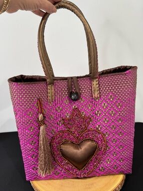 Boho Woven Tote Bag Pink & Chocolate | Handwoven Artisan |